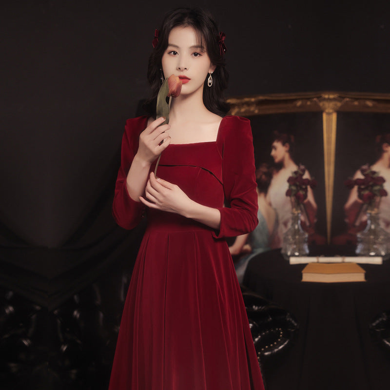 Long Sleeve Burgundy Dress Formal Long Sleeve Temperament Pure Color Long Dress