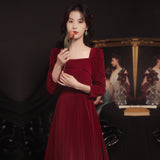 Long Sleeve Burgundy Dress Formal Long Sleeve Temperament Pure Color Long Dress