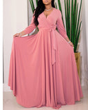 MIDI Mauve Cocktail Dress Women's Clothing Elegant Mid-Waist Lace-up Solid Color Wide Hem Dress