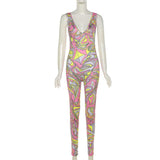 Summer women's fashion printed high waist tight sleeveless low cut sports jumpsuit