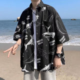 Men Shirts Full Printed Letter Print Short-Sleeve Lapel Shirt Loose