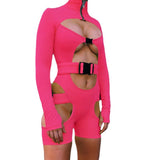 Fall Women's Clothing Sexy Cutout Sheath Tight Fluorescent Color Long Sleeve Sports One-Piece Shorts