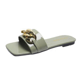 Women Open Toe Sands Flats Summer Metal Flat Ankle-Strap Sandals Fashion Flat-Heeled Slippers