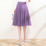 MIDI Mauve Skirt Mesh Skirt Female Fall High Waist Pleated Skirt
