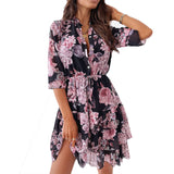 MIDI Mauve Cocktail Dress Printed Short Skirt Women's Printed Temperament Slim Fit Ruffled Dress