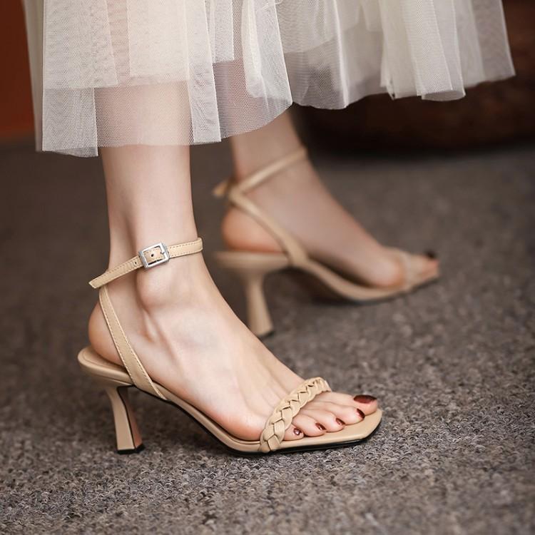Nude Low Block Heel Ankle-Strap Stilettos Open Toe