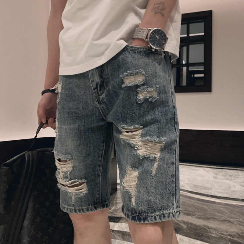 Men Denim Shorts Men's Jeans Shorts Straight Loose Korean Ripped