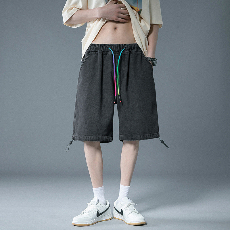 Men Denim Shorts Japanese-Style Retro Denim Short Summer Loose Straight Casual