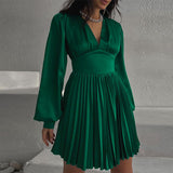 Emerald Green Dress Pleated Long Sleeve Satin Skirt A- Line V-neck High Waist Elegant