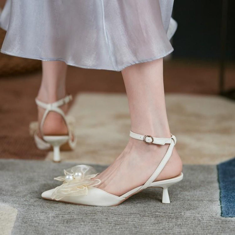 Low Heel Wedding Shoes Deer and Nara Soft Leather French Style Bow High Heel Sandals