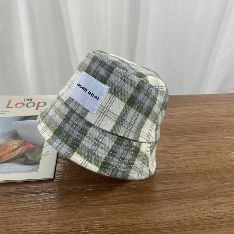 Vintage Check Bucket Hat Letter Plaid Patch
