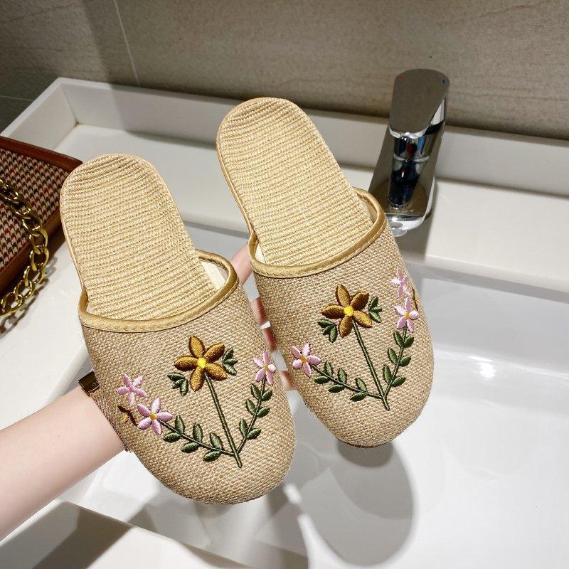 Women Open Toe Sandals Flats Large Size Summer Embroidered Linen Leisure Home Flat Slippers