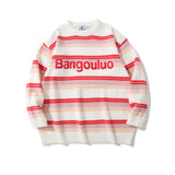 Men Sweater Idle Style Letter Embroidery Mixed Color Stripe Sweater Men's Pullover Sweater
