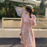 Regency Dress Gentle Floral Skirt Lotus Leaf V-neck High Waist Long Sleeves