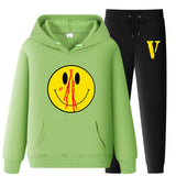 Vlone Hoodie & Pants 2 Piece Set Men'S Clothing Spring And Autumn Print Loose