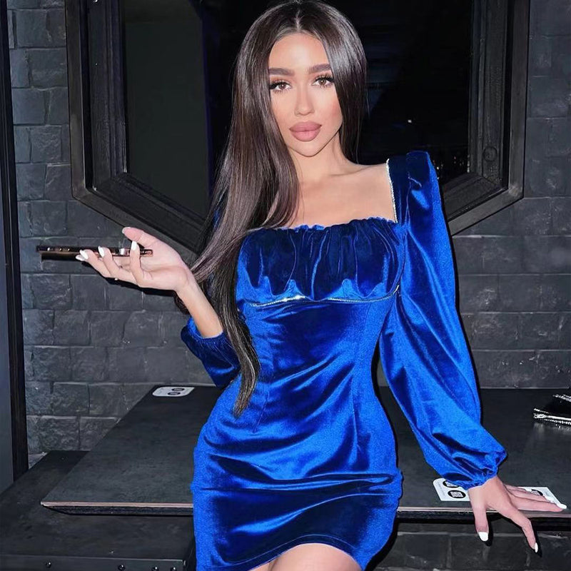 Blue Velvet Dress Rhinestone Square Collar Short Skirt Sexy Long Sleeve Velvet