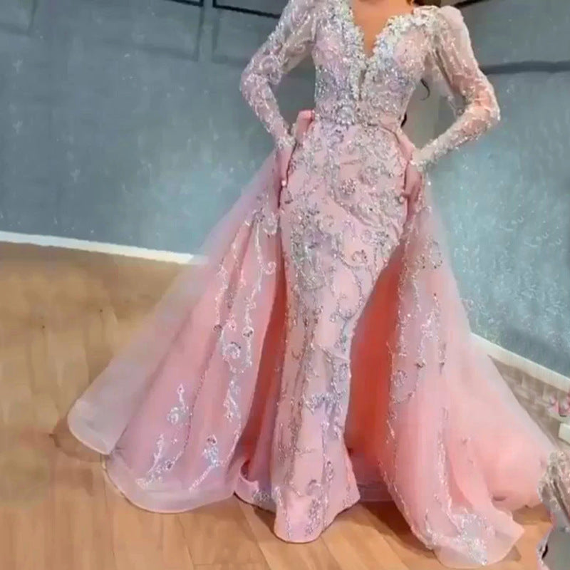 Long Homecoming Dresses Spring Sexy Dress Pink Sequin V-neck Alluvial Gold Dress
