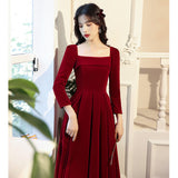 Long Sleeve Burgundy Dress Formal Long Sleeve Temperament Pure Color Long Dress