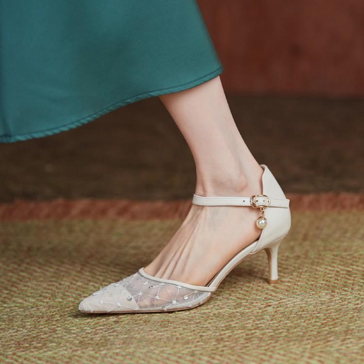 Low Heel Wedding Shoes Mesh High Heel Pointed Toe Stiletto Heel Low Heel