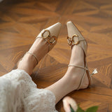 Nude Low Block Heel Pointed Patent Leather Horsebit Buckle