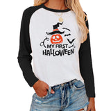 Halloween Costumes Halloween Pattern Printed Raglan Color Contrast Long Sleeve T-shirt Women