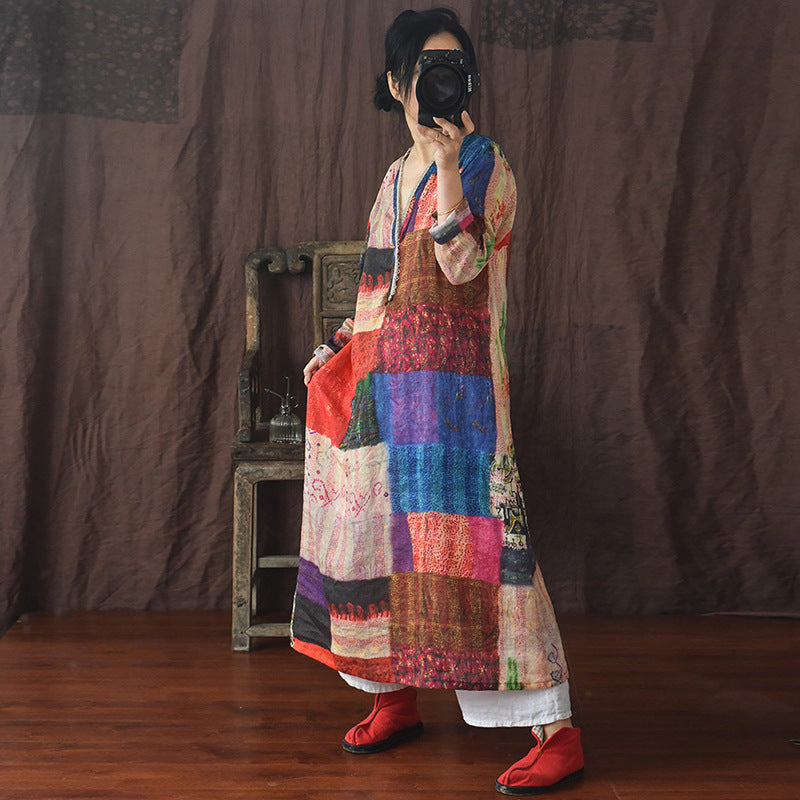 Gypsy Style Dresses Printed Lace V-neck Pastoral Loose