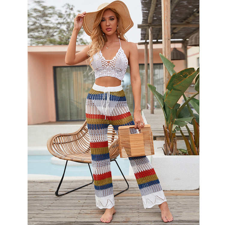 Coachella Music Festival Outfits Beach Women's Clothing Vacation Sun Protection Colored Mosaic Knit Casual