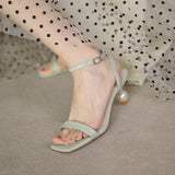 Nude Low Block Heel Square Toe Ankle-Strap Stilettos Open Toe Pearl
