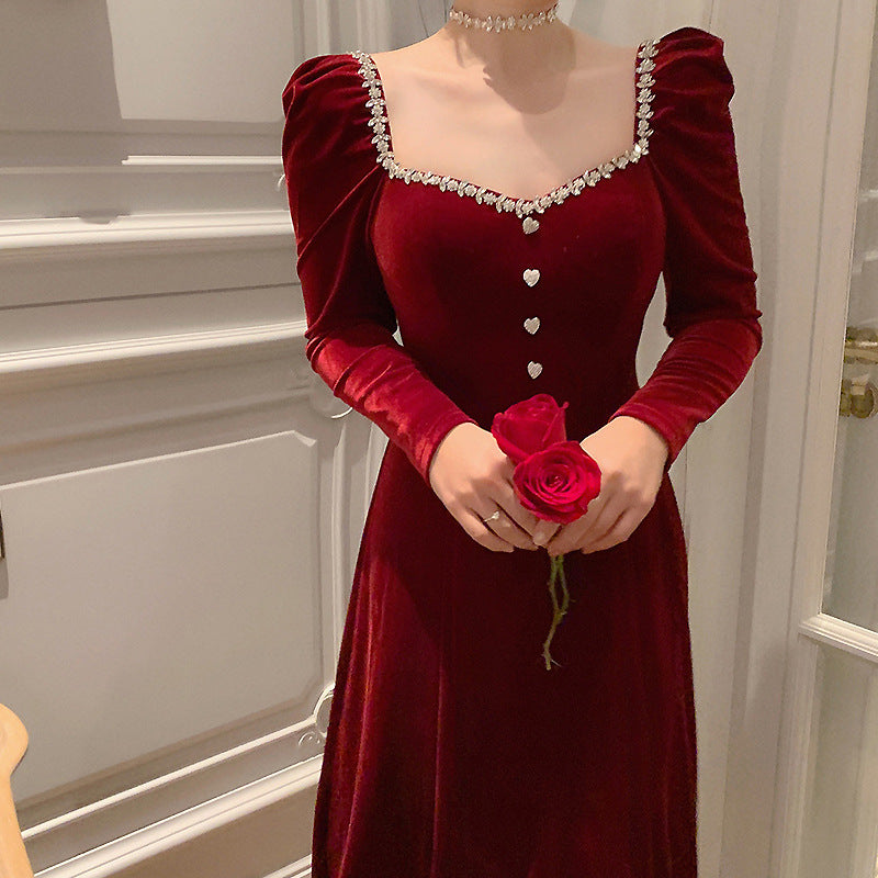 Long Sleeve Burgundy Dress Formal Autumn Winter Retro Heavy Industry Beads Dress Skirt