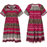 Romany Gypsy Outfits Printed Short Sleeve V-neck Summer Spring Loose Bohemian Style Pleated Dress