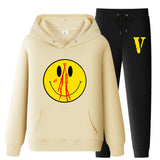 Vlone Hoodie & Pants 2 Piece Set Men'S Clothing Spring And Autumn Print Loose