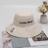 Women Bucket Hat Wide Brim Bear English Embroidery Sunshade