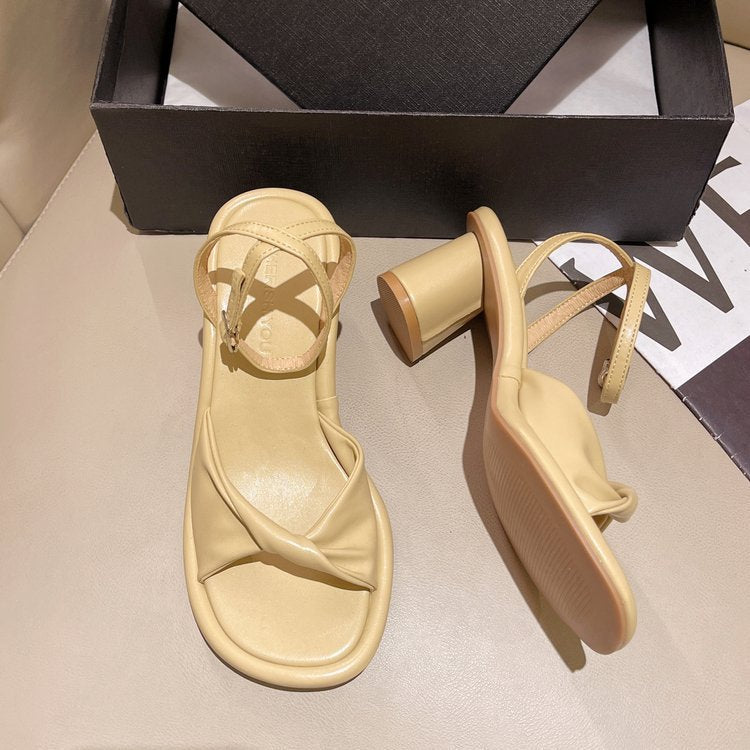 Nude Low Block Heel Buckle Sandals