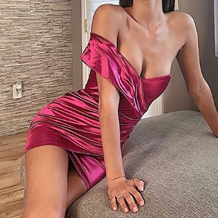 MIDI Mauve Cocktail Dress Summer off-Shoulder Pleated Slim-Fit Short Dress