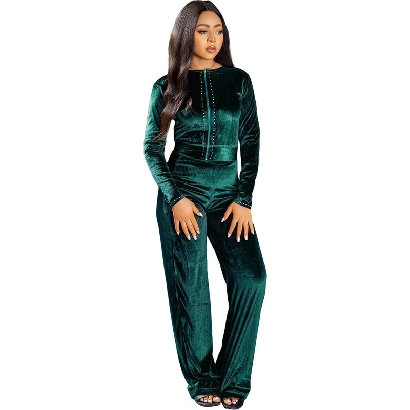 Velour Tracksuit Gold Velvet Long-Sleeve Zipper Trousers Two-Piece Set