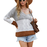 Women Pullover Knit Sweater Striped Stitching Sweater Women's V-neck off-Shoulder Coat