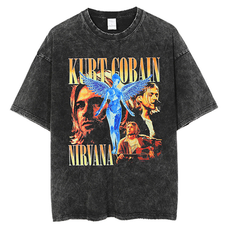 Nirvana T Shirt Vintage Kurt Donald Cobain Character Print T-Shirt Loose Hip Hop Distressed