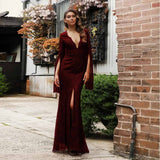Burgundy Evening Dresses for Weddings Autumn and Winter Long Sleeve Dress Wedding Bridesmaid Long Dress Dress