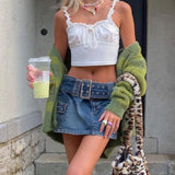 Coachella Music Festival Outfits Sexy Hot Girl Belt Solid Color Low Waist Denim Loose Skirt