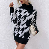 Women Pullover Knit Sweater Women's Autumn and Winter Contrast Color Lapel Mid-Length Sweater