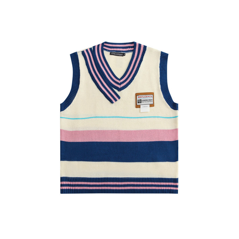 Men Sweater Contrast Color Striped V-neck Sweater Vest Men's Sweater Coat