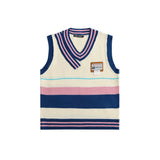 Men Sweater Contrast Color Striped V-neck Sweater Vest Men's Sweater Coat