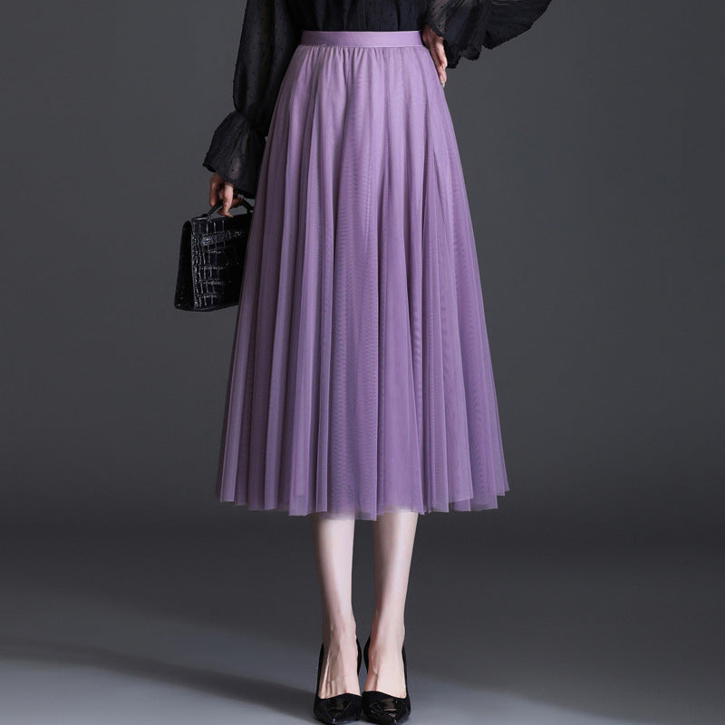 MIDI Mauve Skirt Women's Clothing Mesh Skirt Autumn Middle Fairy Female Dress