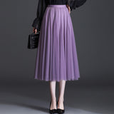 MIDI Mauve Skirt Women's Clothing Mesh Skirt Autumn Middle Fairy Female Dress