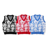 Men Sweater Cartoon Bear Jacquard Knitted Vest Outer Wear Men's Loose V-neck
