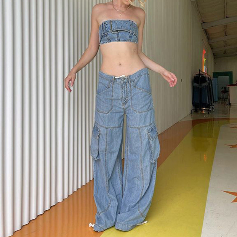 Julia Fox Low Rise Jeans Distressed Blue Line Split Low Waist Drawstring Loose Pockets Stitching Casual Trousers