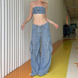 Julia Fox Low Rise Jeans Distressed Blue Line Split Low Waist Drawstring Loose Pockets Stitching Casual Trousers