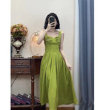 Emerald Green Dress Strap Waist-Tight A- line Square Collar Temperament