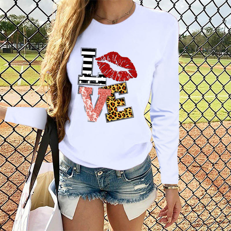 Valentine's Day T Shirts Couples round Neck Leopard Print Love Women's Casual Long Sleeve Bottoming Shirt