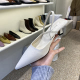 Nude Low Block Heel Pointed Toe Shallow Mouth Back Strap Thin Mid Heel